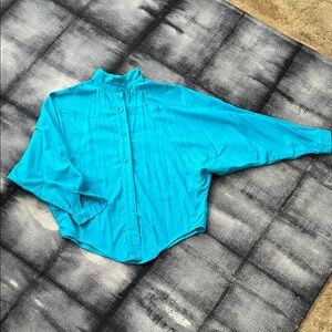 Women’s Turquoise Button-Up Raw Silk Shirt, size L, Santa Fe